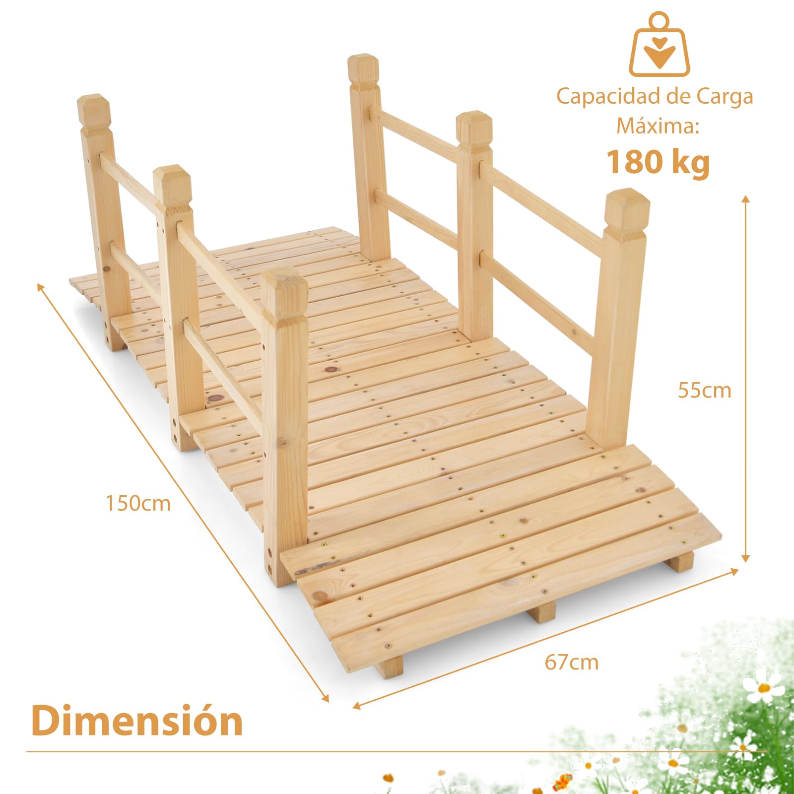 RELAX4LIFE Puente de Madera de Cedro Carbonizada con Barandilla, Puente para Estanque, Jardín y Patio, Decoración Jardín, Carga 100 kg, 150 x 67 x 55 cm (Natural)