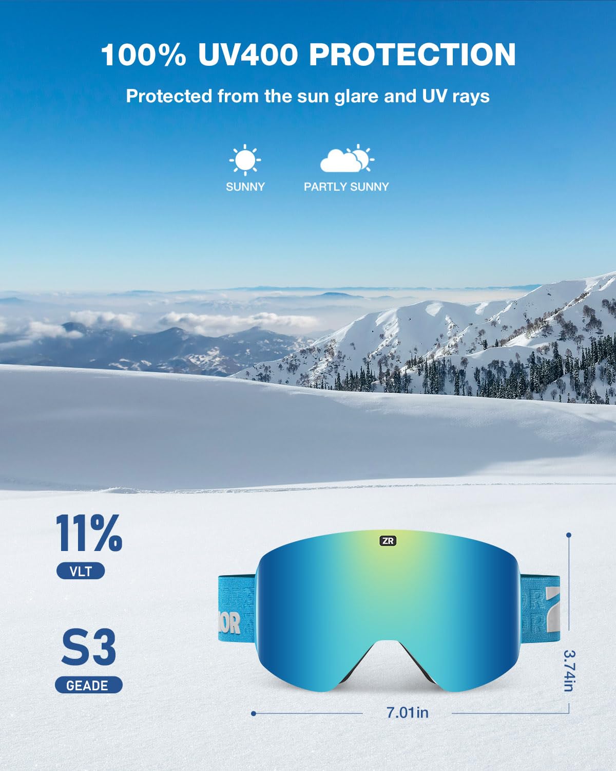 ZIONOR X11 Gogle narciarskie snowboardowe z magnetyczną wymienną soczewką cylindryczną przeciwmgielną ochrona przed promieniowaniem UV dla mężczyzn kobiet dorosłych (niebieska ramka RevoWhiteIceBlue