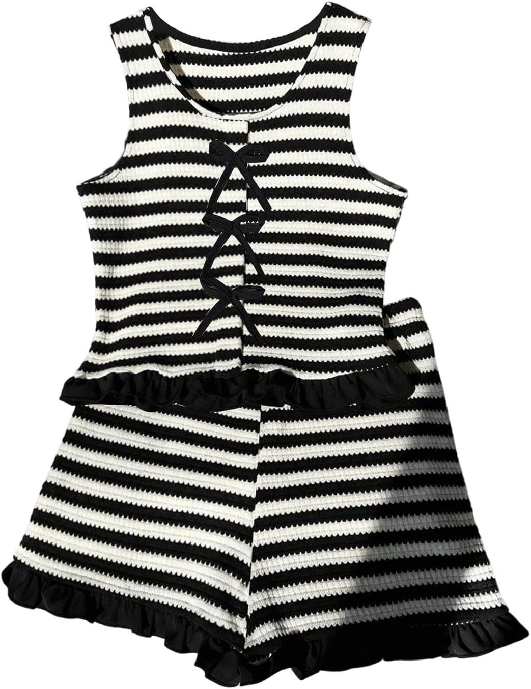SOLY HUX Girl's 2 Piece Outfits Striped Bow Ruffle Sleeveless Tank Tops and Shorts Casual Summer Clothing Sets