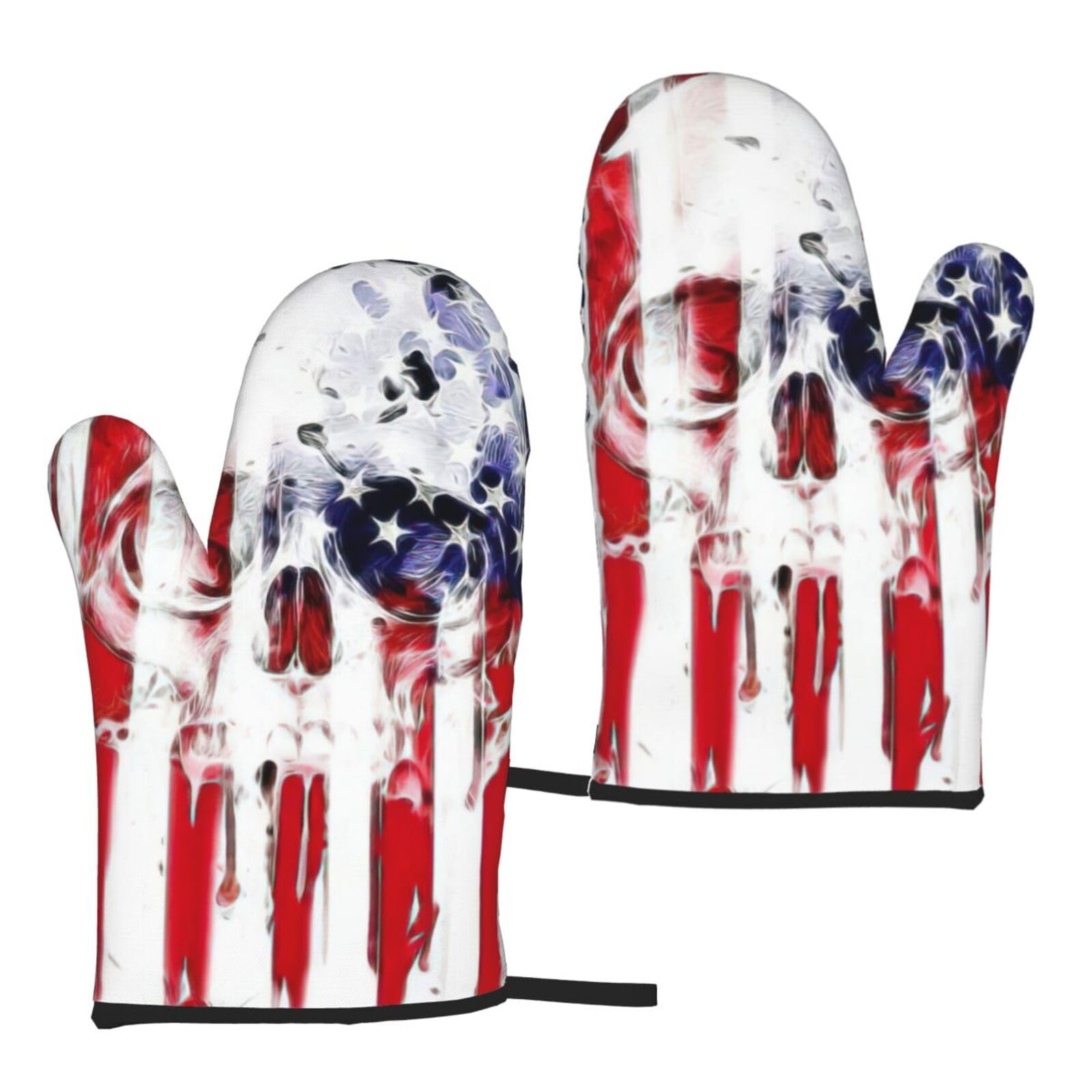 Nimongt Women's Black American Flag Skull Print Adults Universal Fit Heat Resistant Oven Gloves Reusable Cooking Outdoor Grilling