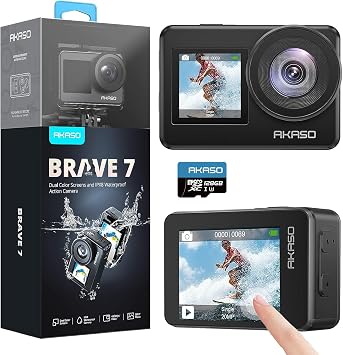 Action Camera - AKASO Brave7-4K 128GB Wearable Camera IPX8 Waterproof 10M Underwater Camera 6-Axis Image Stabilization, WiFi Action Cam Quick Capture, 8x Slow Motion, HindSight, Voice Control, External Microphone Compatible, 2 x 1350mAh Batteries