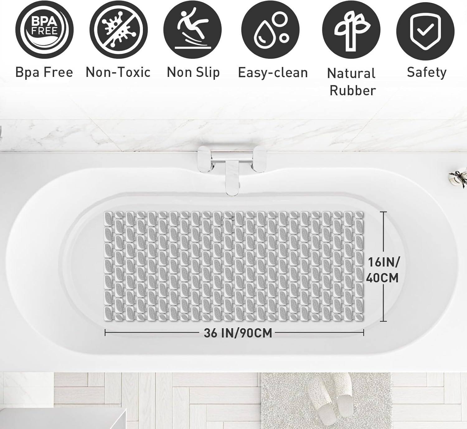 Bath Tub and Shower Mat Non Slip Bathtub Safety Mat with Powerful Suction Cups and Drain Holes, 36 x 16 Inch Soft Bathtub Mat Non Slip Bath Mat for Tub, Machine Washable, Easy to Cut, Grey
