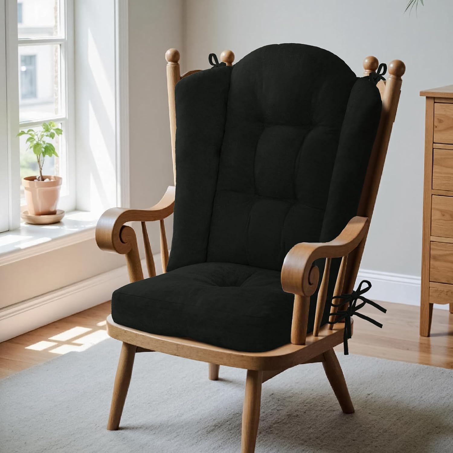 wingback rocking chair cushion - large adirondack chair cushions, high-density sponge, comfort chenille indoor rocker pads with ties, 2 piece sets- seat cushion & back cushion, black | standard size black 22.2 x 26.7 x 3 in & 17 x 17 x 4 in (2-piece set)