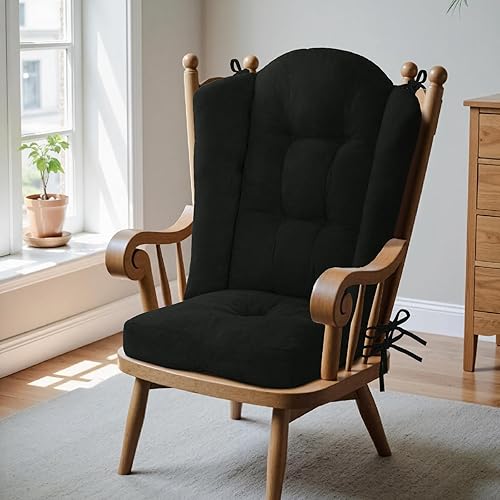 Miniatura 2 de Cojín para silla mecedora, tela de lino, esponja de alta densidad, duradero, cómodo, antideslizante, con lazos, lino, beige, 52 x 19 x 4 pulgadas