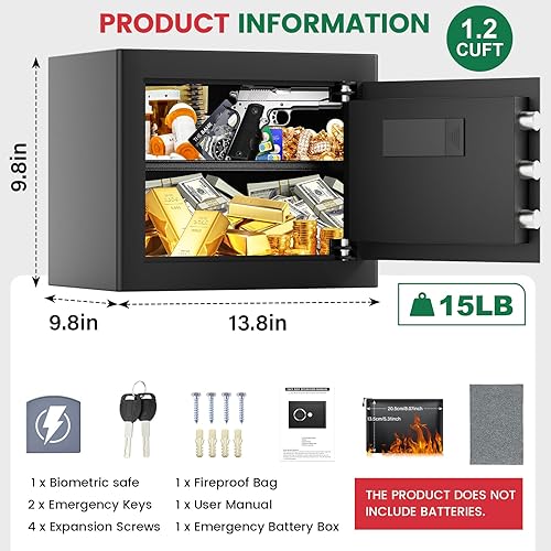Miniatura 8 de Caja de seguridad biométrica inteligente, caja fuerte para el hogar de 1.2 pies con teclado digital y llaves de repuesto, caja de seguridad para