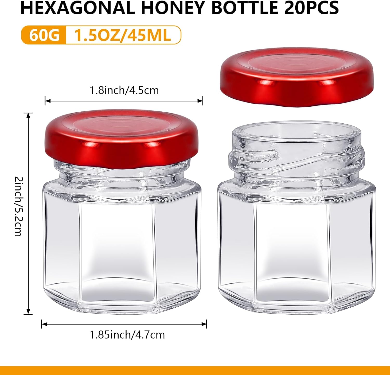 20Pack 1.5 oz Mini Clear Honey Jars for Wedding Favor, Baby Shower, 45ml Small Glass Favor with Airtight Lids, Gift Jars, Sample Body Butter, Jam, Spices, Herbs, Candy, Candle (Red lid) image 2