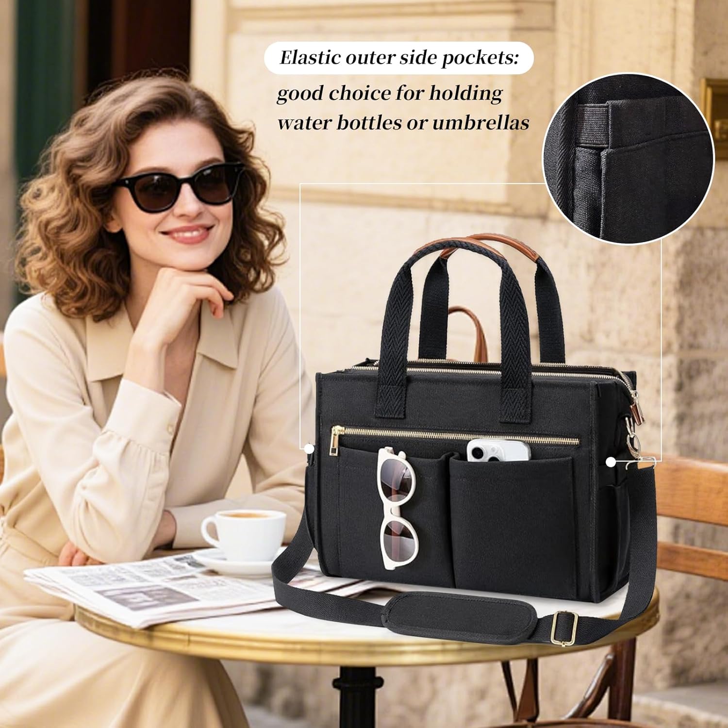 Canvas Tote Bag for Women, Large Crossbody Bags with Cup Holder, Bibble Laptop Handbag Purse for Travel Teacher Work