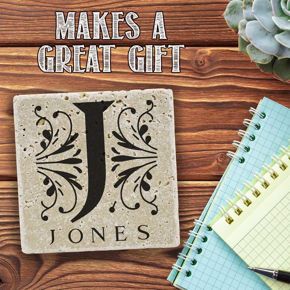 Stone Personalized Coasters Set of 4 - Monogrammed Coaster - Custom Coasters w/Last Name and Monogram - Choose Your Ink Color for Customized Coaster - Great Wedding, Anniversary or House Warming Gift