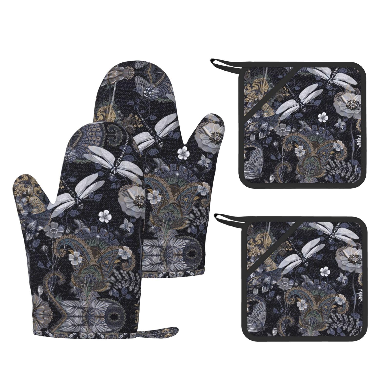 Dragonflies Grey Printed Oven Mitts with Pocket and Hot Pads, Silicone Non-Slip Kitchen Gloves for Baking BBQ