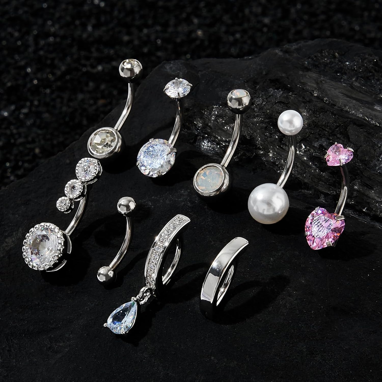 9PCS 14G 1.6MM Belly Button Ring Stainless Steel Clicker Belly Ring CZ Opal Pearl Belly Piercing Navel Piercings Pack for Women - Image 3