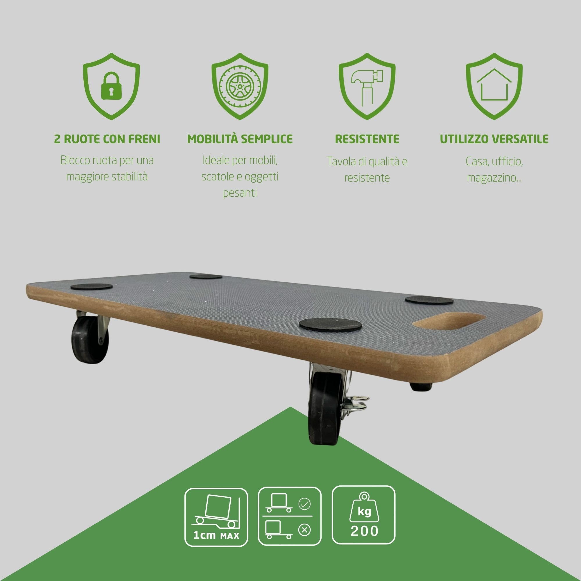 Amig - Piattaforma di Carico con Ruote | Supporto Rotante Rettangolare | 4 tappetini antiscivolo | 58 x 29 cm | Carico Max.: 200 kg | 4 Ruote: 2 con Freno | MDF | Certificato FSC | Nero