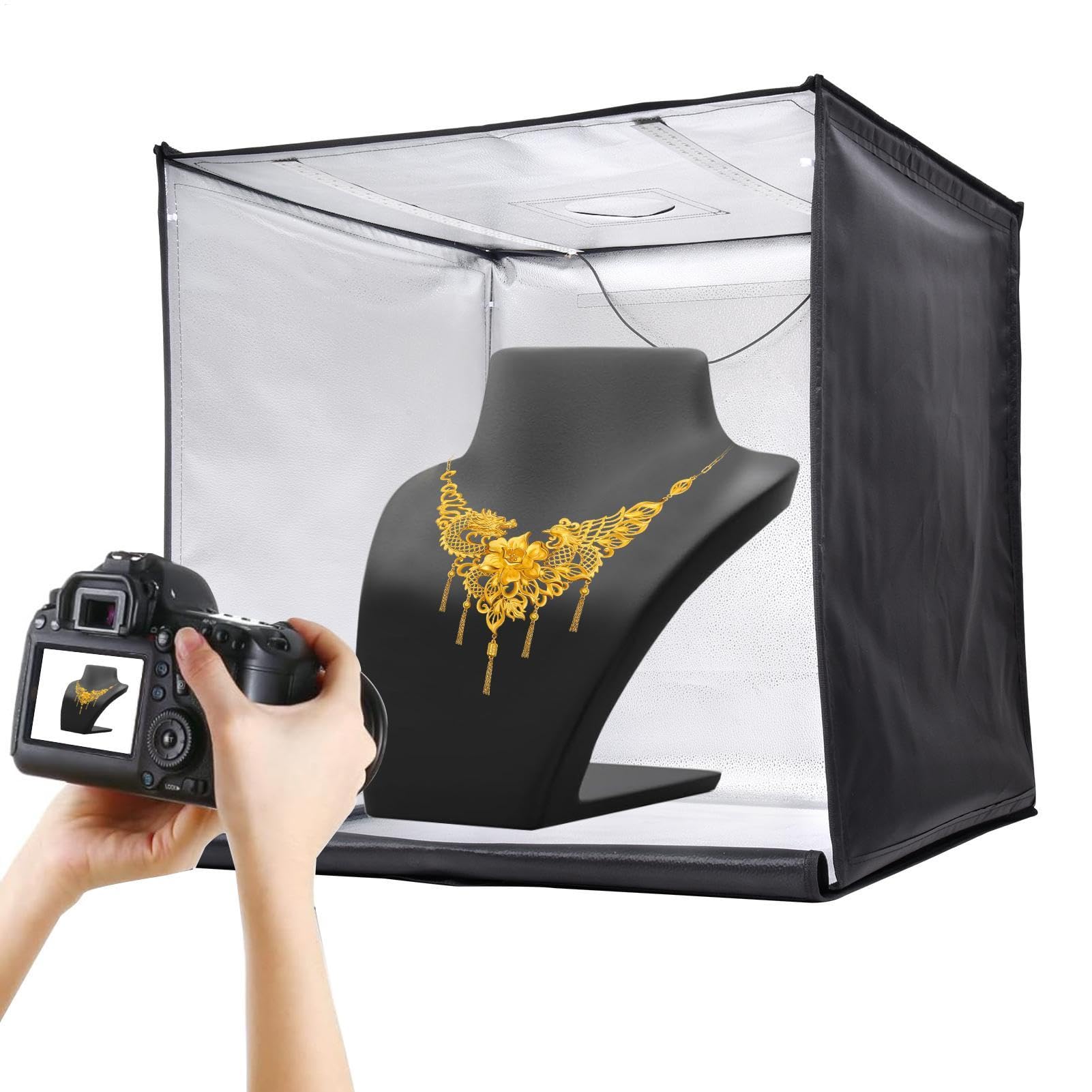 Pro Photo Box 80X80 CM | Coffre Lumineux pour La Photographie De Produit | 3 Températures Lumineuses, avec Boîte Lumineuse, Bande Légère, Bouton De Gradin, 5 Fond en PVC Étanche