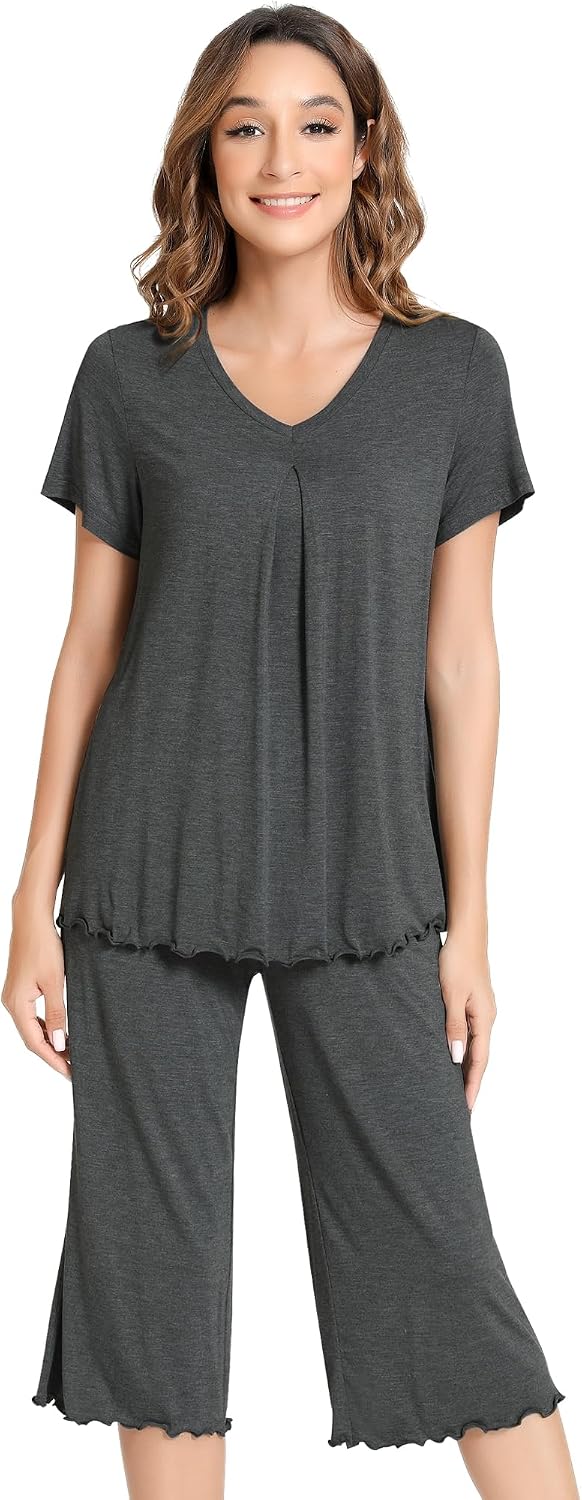 NACHILA Women’s Pajama Set – Viscose Bamboo, Short Sleeve & Capri Pants, Cool & Breathable - View #3