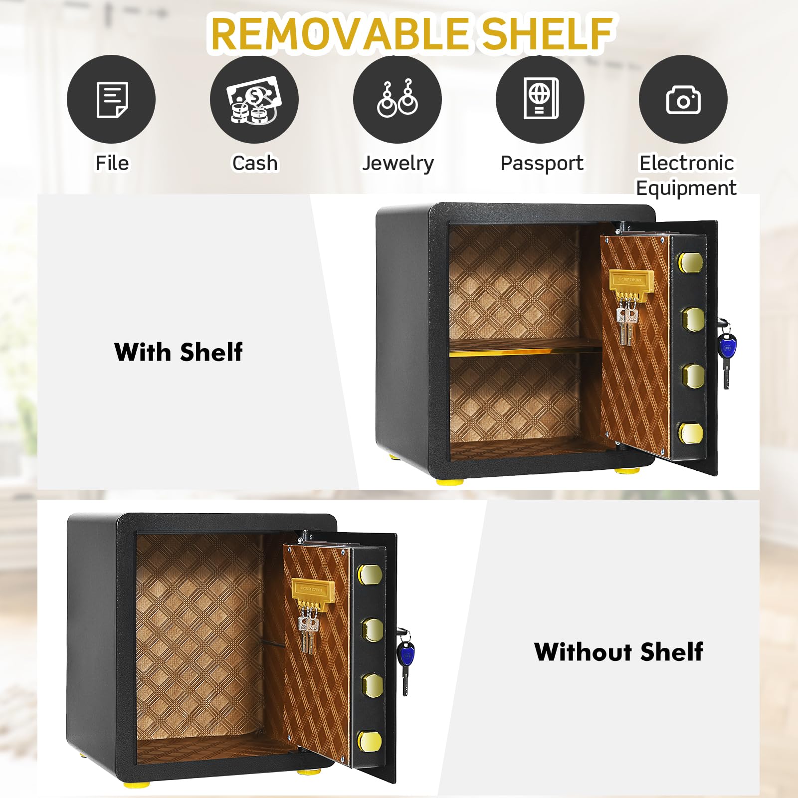 LIFEZEAL Cassaforte a Armadio, 38 L, Cassaforte a Muro, 5 Ganci, Ripiano Rimovibile, Serrature a Combinazione Elettronica + Chiave, Allarme, Anti Pigolio, Acciaio, 36x31x41 cm