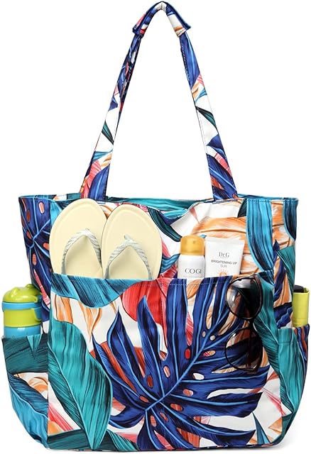 Kasgo Beach Tote Bags for Women, Water Resistant Sandproof Large Pool Bag Stylish Zipper Beach Tote for Gym Travel Shopping School