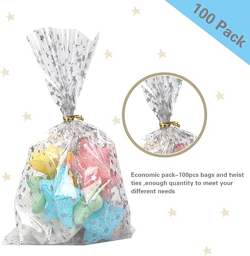 Miniatura 202 de COQOFA 100 bolsas de regalo de estrella rosa de 7 x 12 pulgadas, bolsas de regalo de celofán, bolsas de regalo de fiesta, bolsas de plástico Rosado