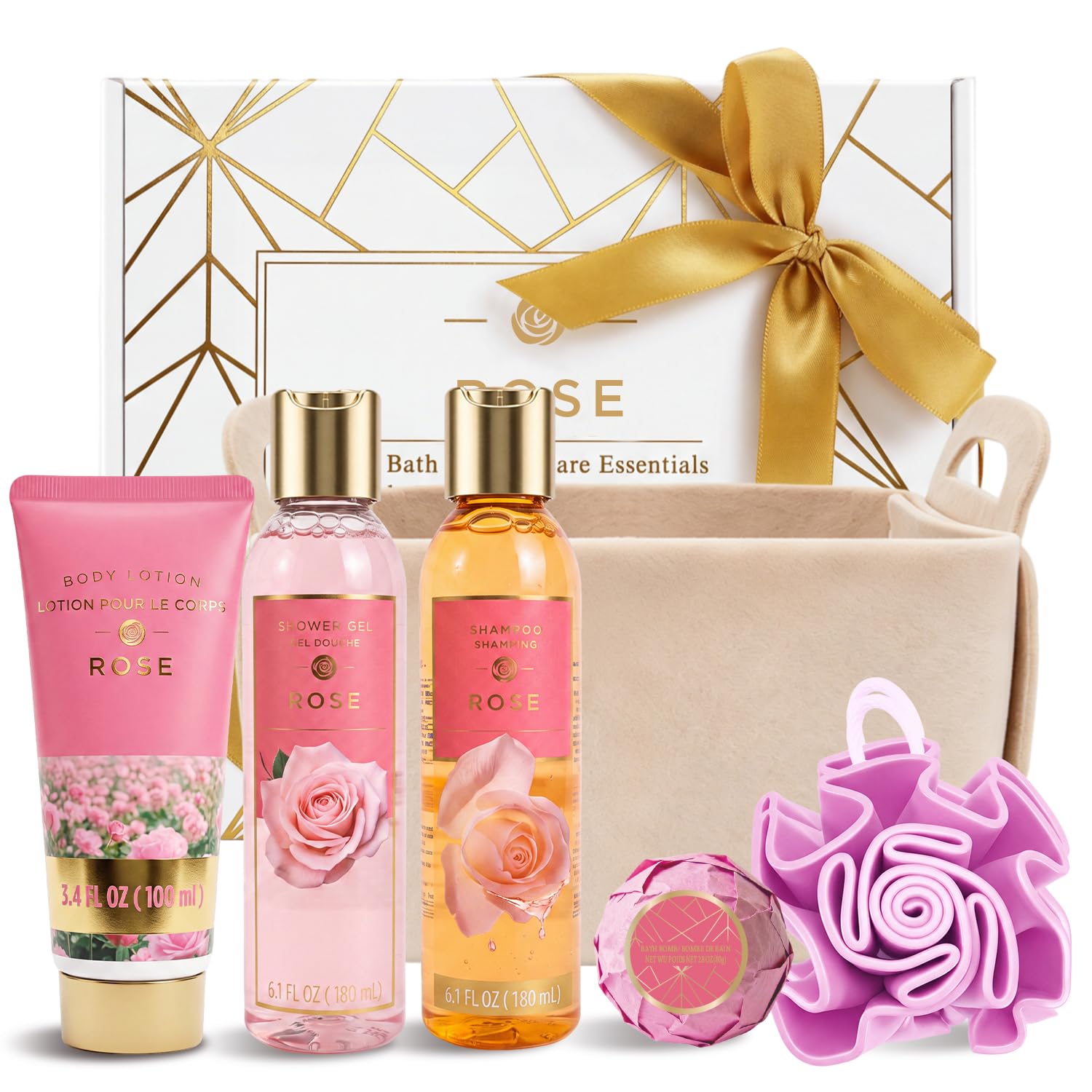 SPA LUXETIQUE Zestaw upominkowy do kąpieli dla kobiet – zestaw do pielęgnacji róży filcowe worki z 6-częściowym rozmiarem podróżnym, żel pod prysznic, balsam do ciała, płyn do kąpieli, krem do rąk