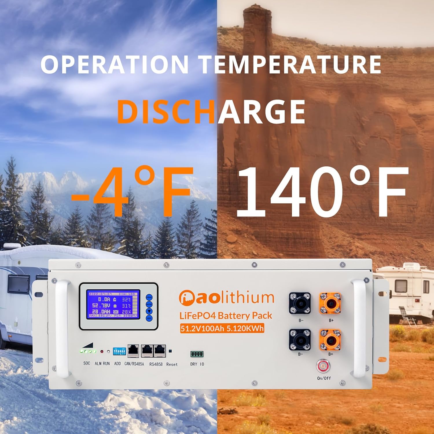 AOLITHIUM 51.2V 100Ah LiFePO4 battery shown in both a snowy, cold environment and a sunny, hot environment, illustrating its operating temperature range of -4°F to 140°F.