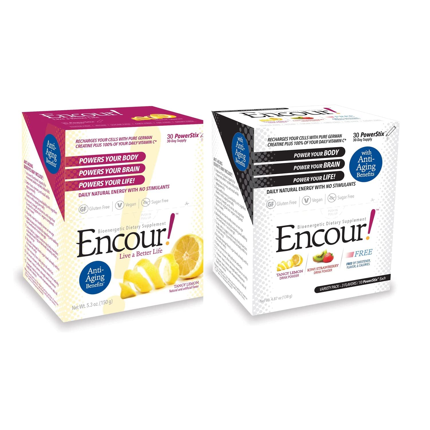 Encour! Bioenergetic Anti-Aging Supplement | Tangy Lemon and Variety Pack Bundle | Drink Powder Packs