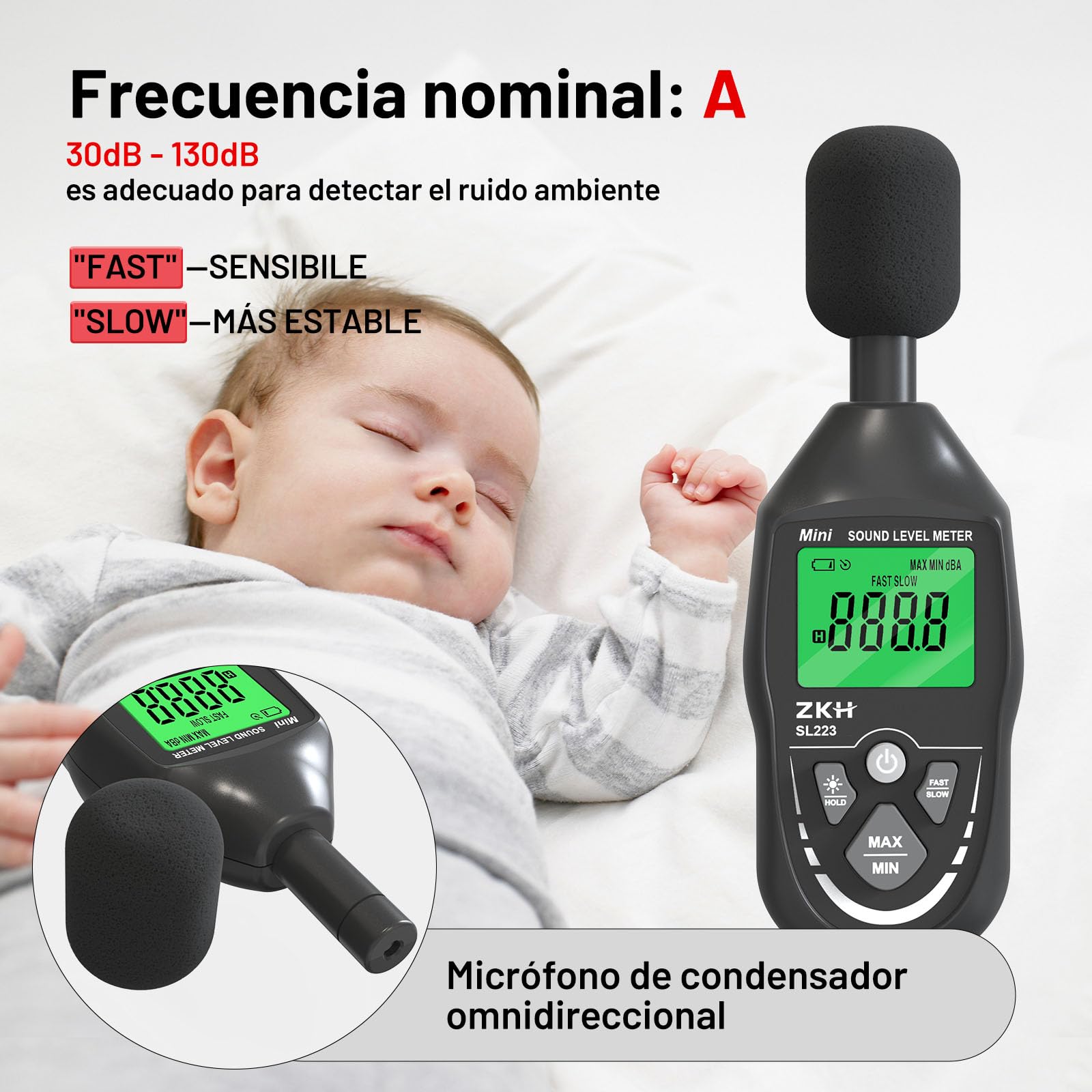 ZKH Sonometro Digital, Medidor Decibelios Portátil Rango 30-130dB, Pantalla LCD, Ponderación A, Frecuencias 30-8KHz, Resolución 0.1dB, Precisión ±1.5dB, Función Max/Min/Hold, para Casa, Fábrica