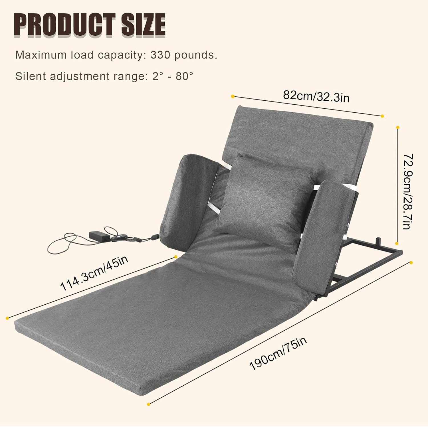 Electric Lifting Backrest for Bed, Adjustable Bed Backrest with 2°-80° Lift, 330 lbs Support, Side Rails & Washable Cover – Folding Nursing Wedge for Seniors, Patients & Pregnant Women -75"x32"