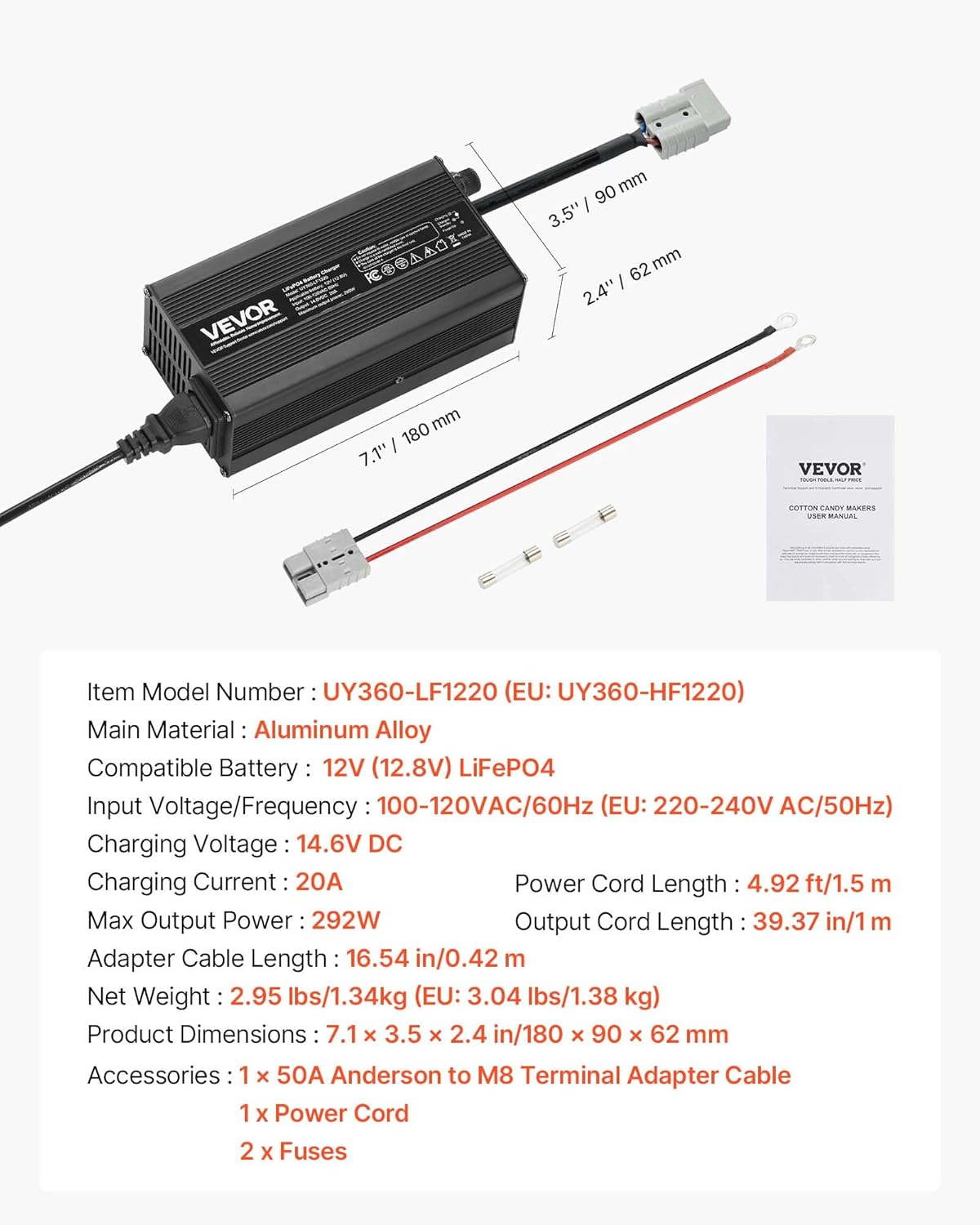 VEVOR 12V 20A Lithium Battery Charger, 14.6V, AC-DC LiFePO4 Smart Charger, with Anderson Connector, LED Indicator, 0V Activation, for Lithium LiFePO4 Deep Cycle Rechargeable Batteries of Boat, RV