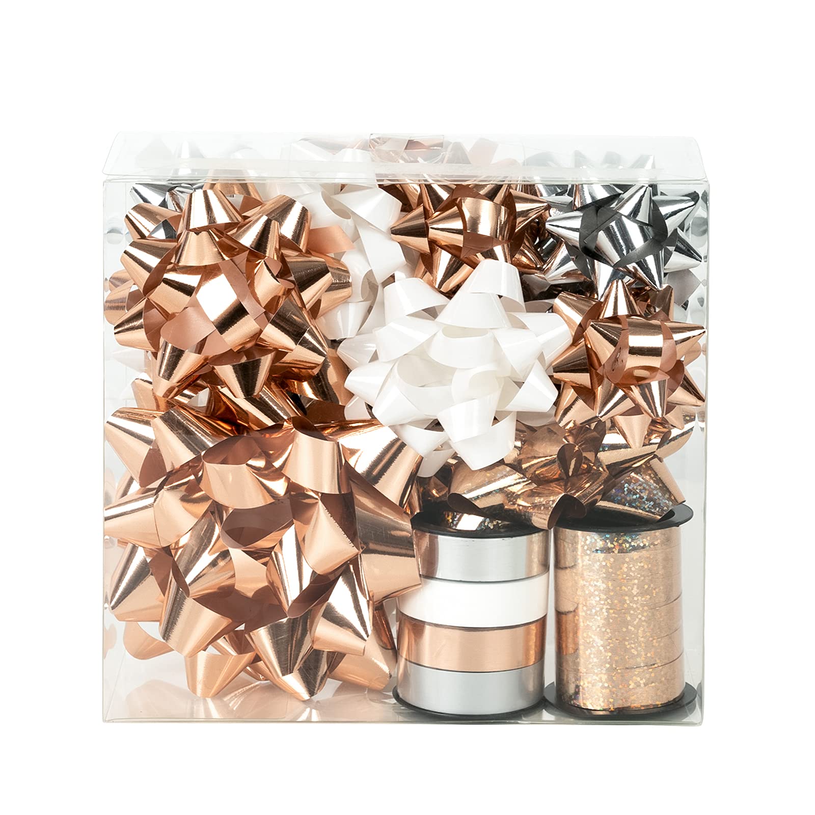 WRAPAHOLIC 16-teiliges Geschenkschleifen-Sortiment – 14 bunte Geschenkschleifen in verschiedenen Größen (Roségold, Silber, Weiß) und 2 gewellte Ringelbänder, perfekt für Weihnachten, Urlaub, Party