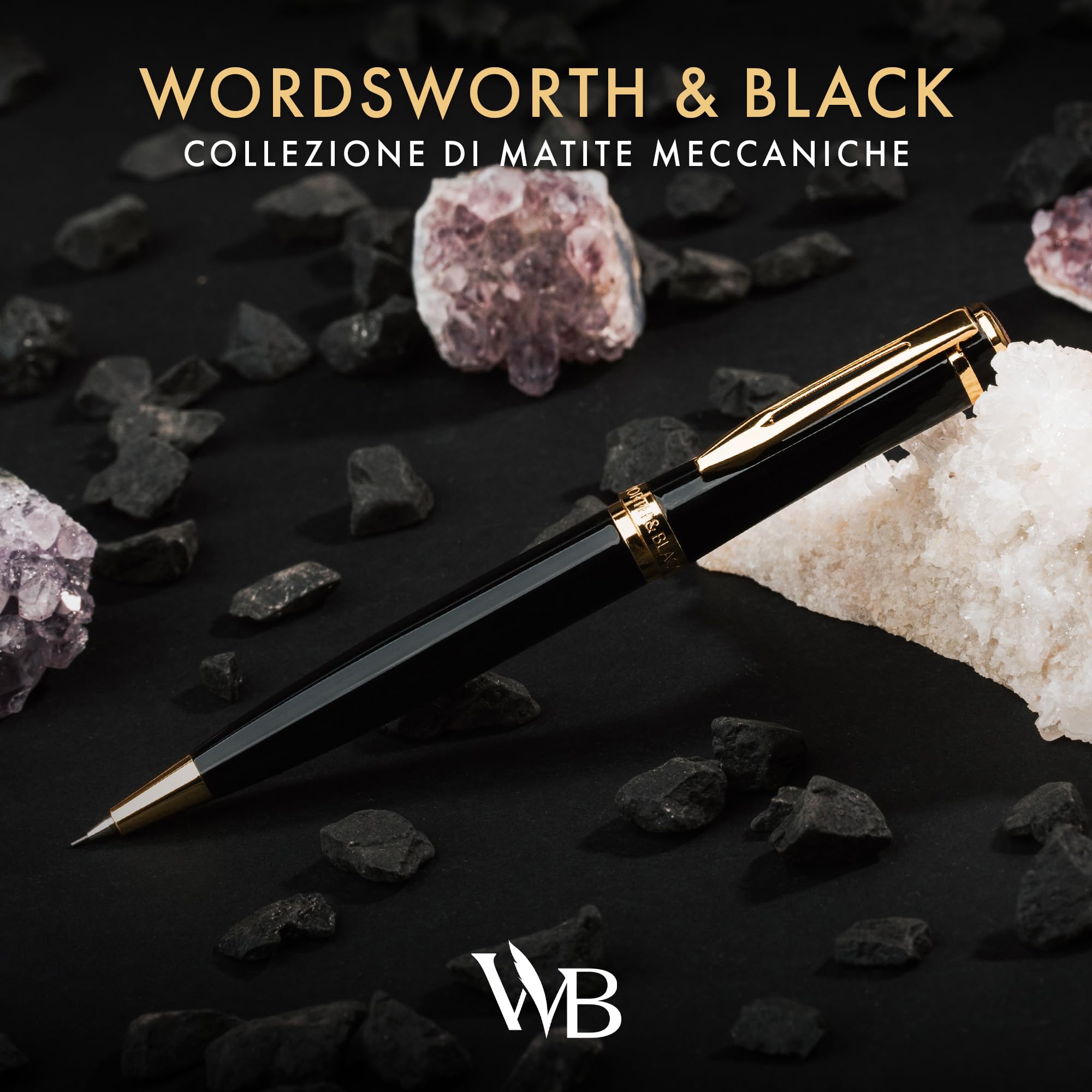 Wordsworth & Black Matita Meccanica Mina di Grafite - Laccatura Nera con Finitura in Oro 24K, Mina da 0,7 mm, Set Regalo per Uomo e Donna, Matite Professionali per Ufficio