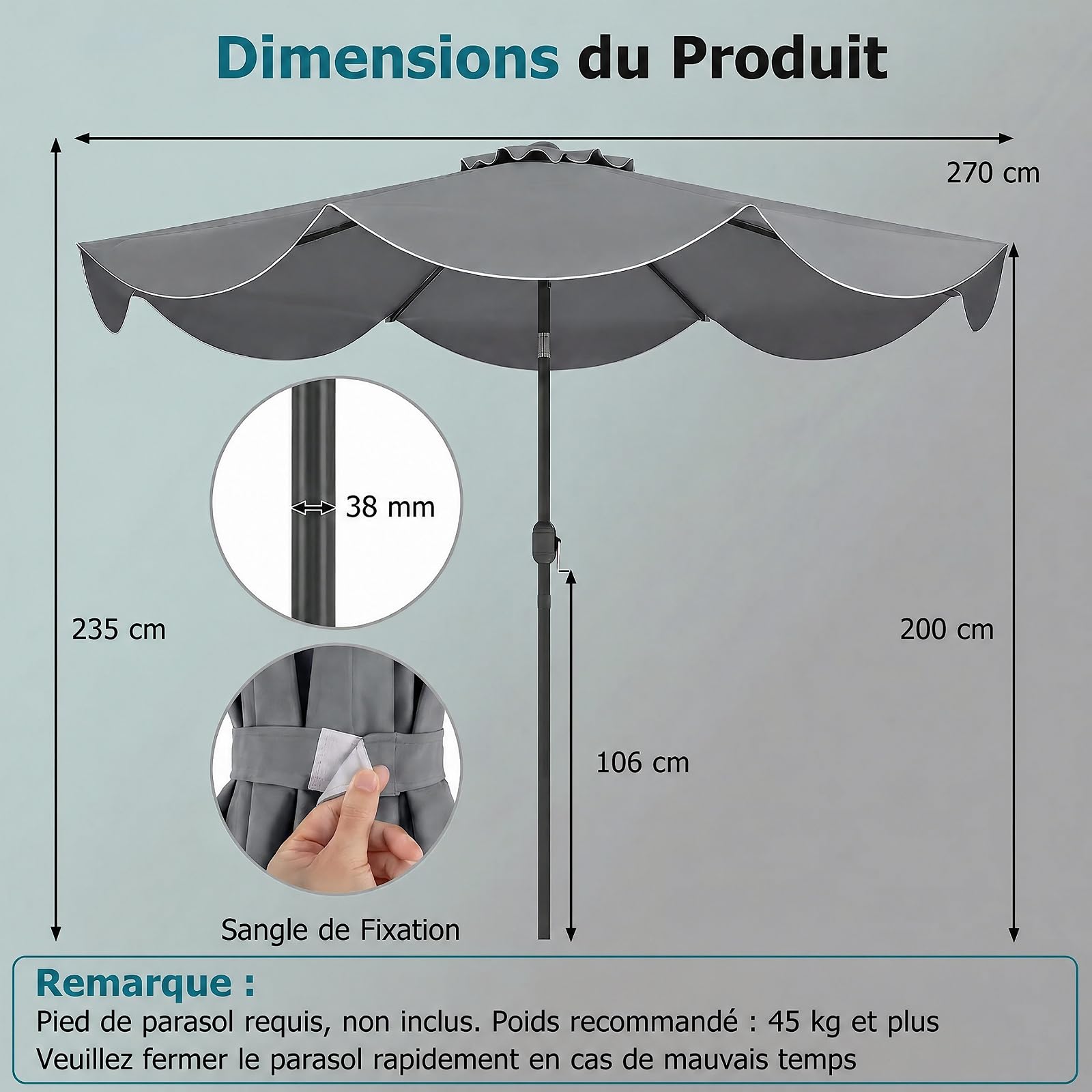 RELAX4LIFE 2,7M Parasol Inclinable à Volants pour Terrasse Balcon Piscine, Parasol de Jardin Extérieur à 8 Baleines, Protection UV, Polyester Résistant, Manivelle, Loquet de Sécurité, Attache (Gris)