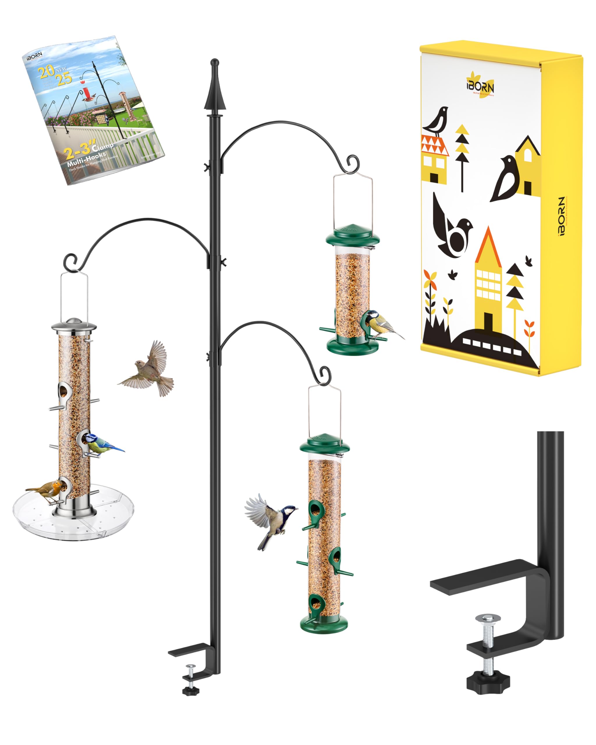 iBorn Shepherds Hooks for Outdoor Clamp On Deck Hook for Bird Feeder 45 Inch Heights Feeder Hangers for Deck Railing Hummingbird Feeders Hanging Tri-Hooks 2024 New (Feeders are Not Included)