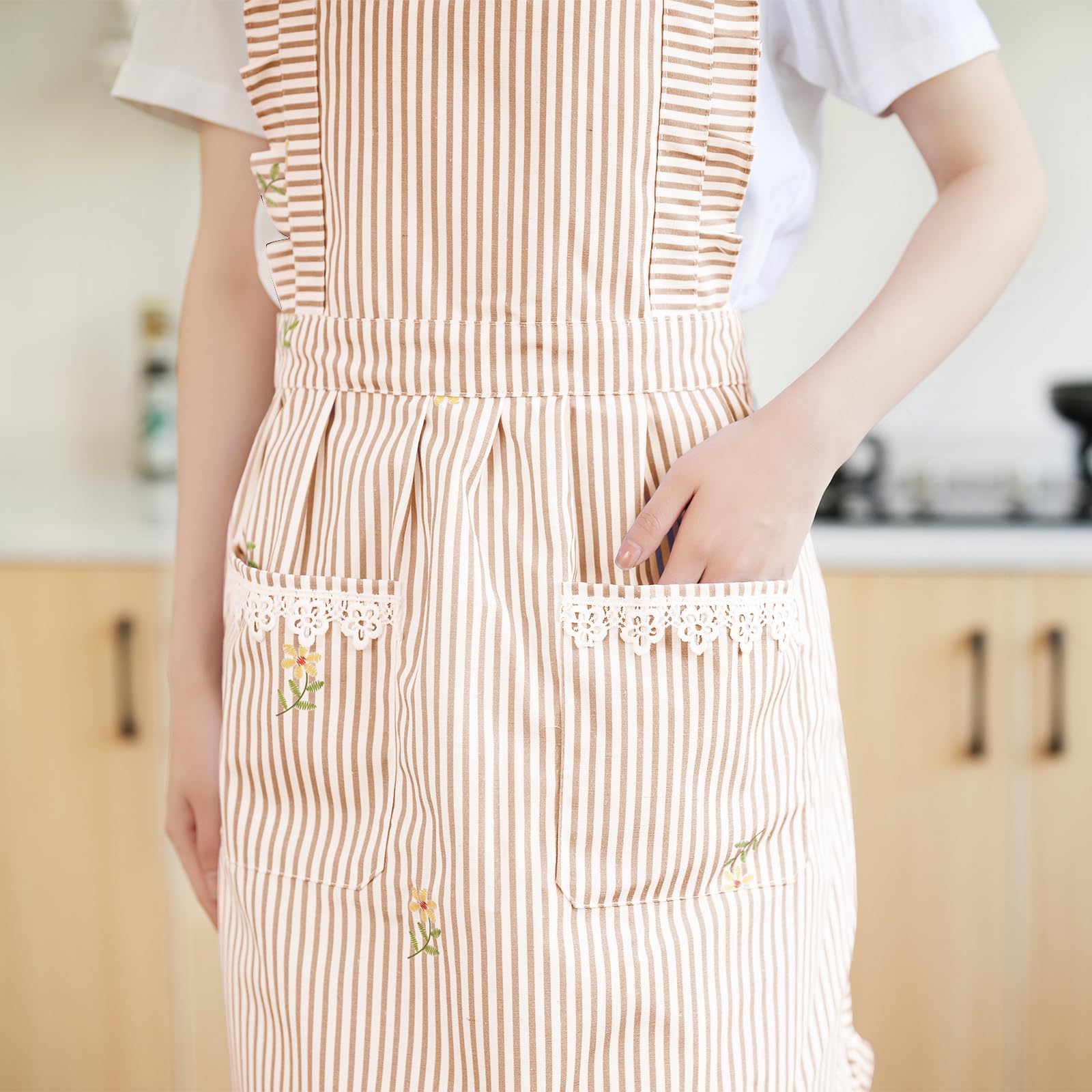 Delantales divertidos para mujer con bolsillos, para cocina, parrilla, barbacoa, lindo delantal de chef, día de la madre, regalos de cumpleaños para mujeres, Marrón/Rayas, M