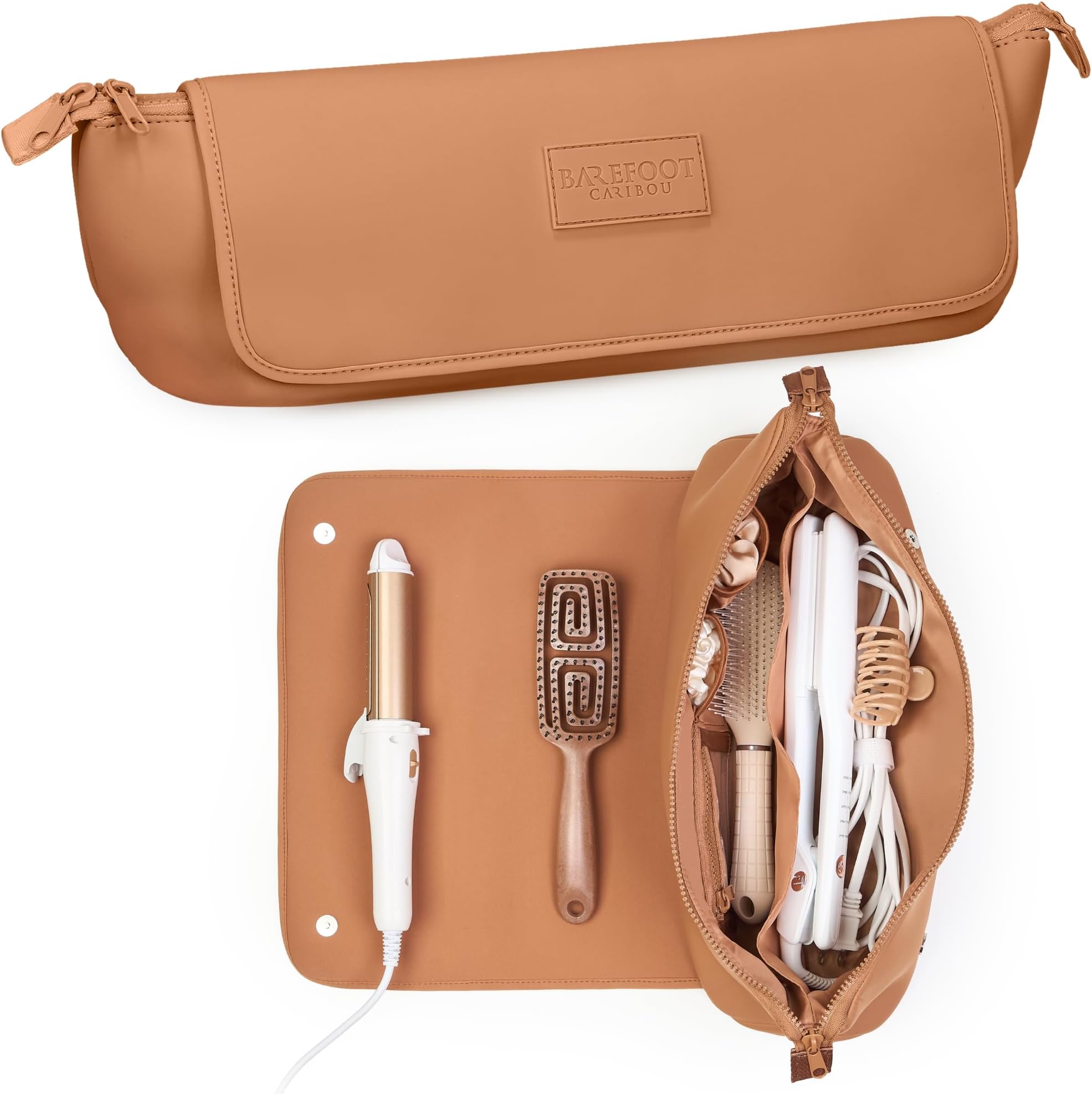 Hair Tools Travel Bag and Heat Resistant Mat (15.5") for Flat Irons, Straighteners, Curling Iron, and Haircare Accessories, 2-in-1 design, Interior Pockets, Portable Organizer (Brown)