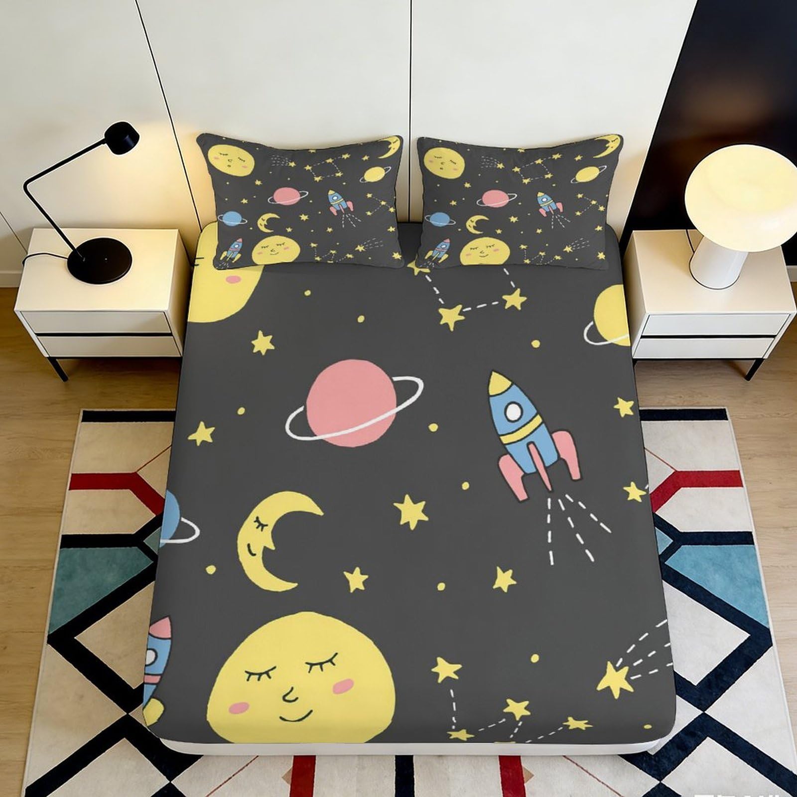 3D Printed Space Rocket Moon Fitted Sheet Microfiber Soft Breathable Planet Mattress Cover for Bedroom Dorm Kids Room 140x200x25cm