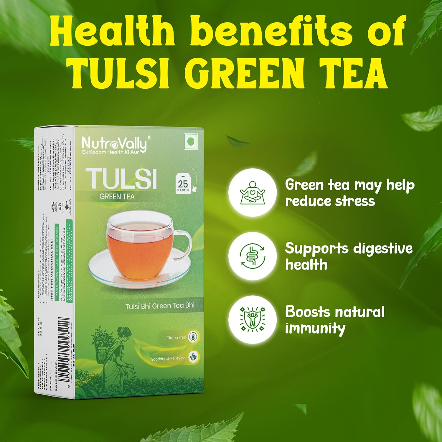NutroVally Tulsi Green Tea Pack of 3 (75 Bags) Herbal Green Tea with Holy Basil Leaves Rich in Antioxidants Supports Detox, Digestion, Metabolism & Wellness Caffeine Light Travel-Friendly — Amazon image 6