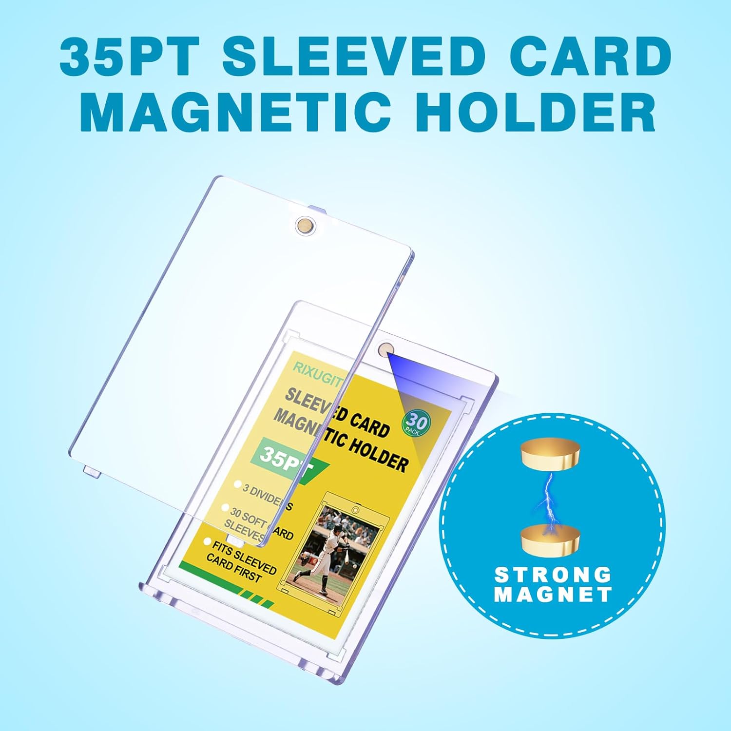 30-Pack Sleeved Card Magnetic Holders - 35pt One Touch Card Holder, Includes 30 Soft Soft Card Sleeves, Insert Card into Sleeve First, Then into Holder, Fits Trading Cards, Baseball & Game Card