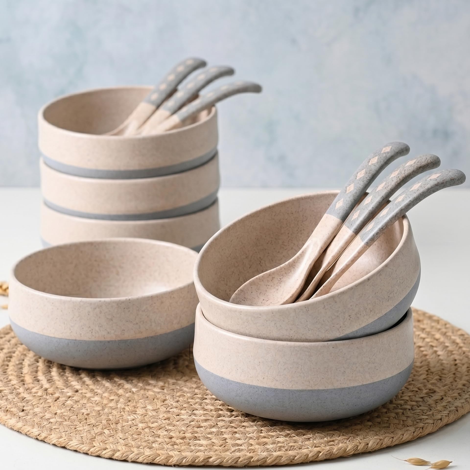 Eha Earth-Friendly Soup Bowls with Spoons Set of 6 | 250 ml | Made with Rice Husk Biocomposite | Microwave Safe Bowl | Serving Bowl Set | Azure