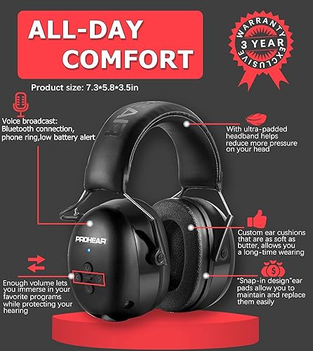 Miniatura 7 de PROHEAR 037 Paquete de 2 auriculares Bluetooth 5.3 de protección auditiva con recargables, 30dB SNR de seguridad con reducción de ruido para