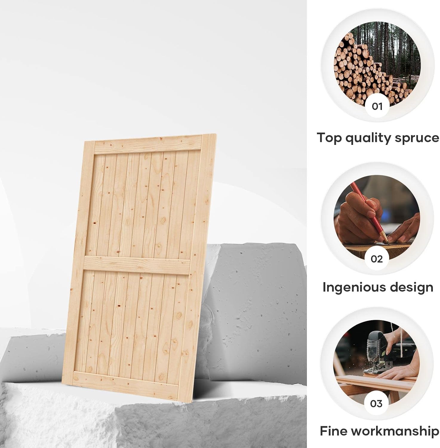 EaseLife 48in x 84in Sliding Barn Wood Door,Interior Doors,DIY Assemblely,Solid Natural Spruce Panelled Slab,Easy Install,Apply to Rooms & Storage Closet,H-Frame
