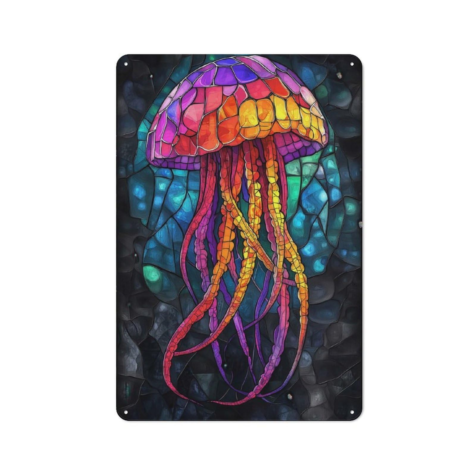 Tin Wall Plaque 30x20cm with Stained Glass Jellyfish for Café Or Restaurant, Housewarming Present for People Styling Café And Restaurant