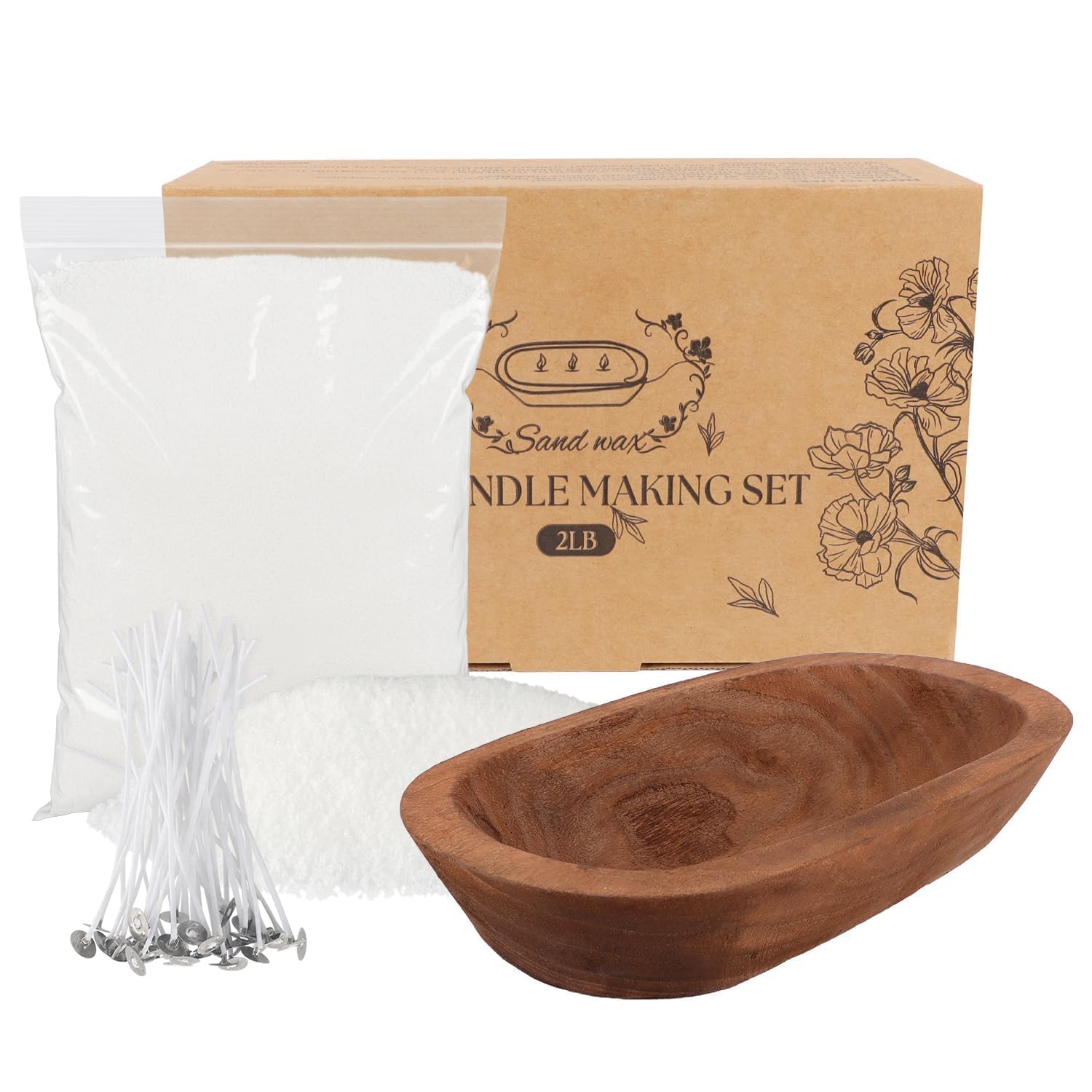 Wfmolcand Set fai da te con ciotola in legno e 20 stoppini, perline aromatiche non profumate, cera perlata riutilizzabile per candele fai da te, kit fai da te, ricarica di perline in polvere