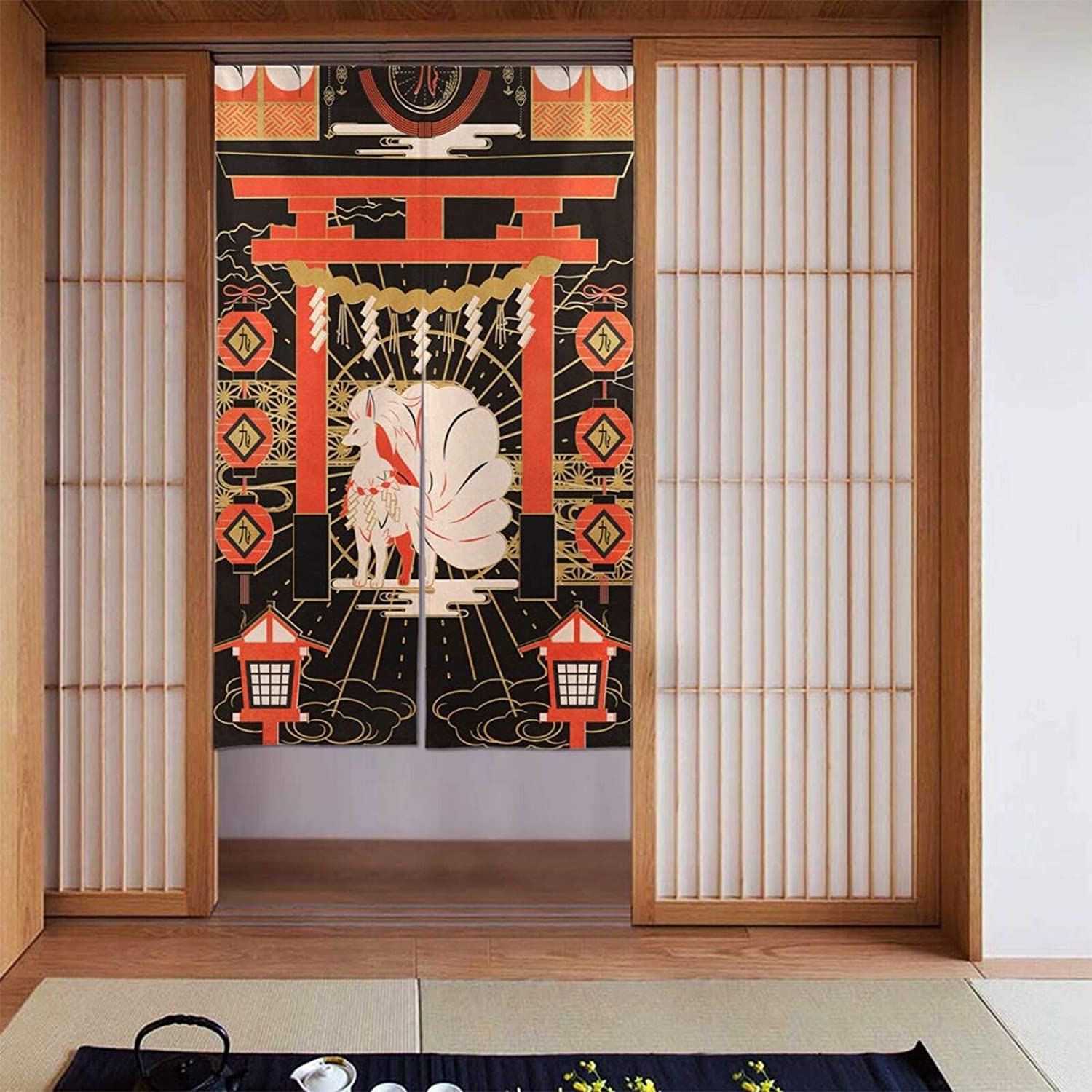 Amazon｜和風 きつね のれん 和風 目隠し ロング 暖簾 壁掛け 遮光
