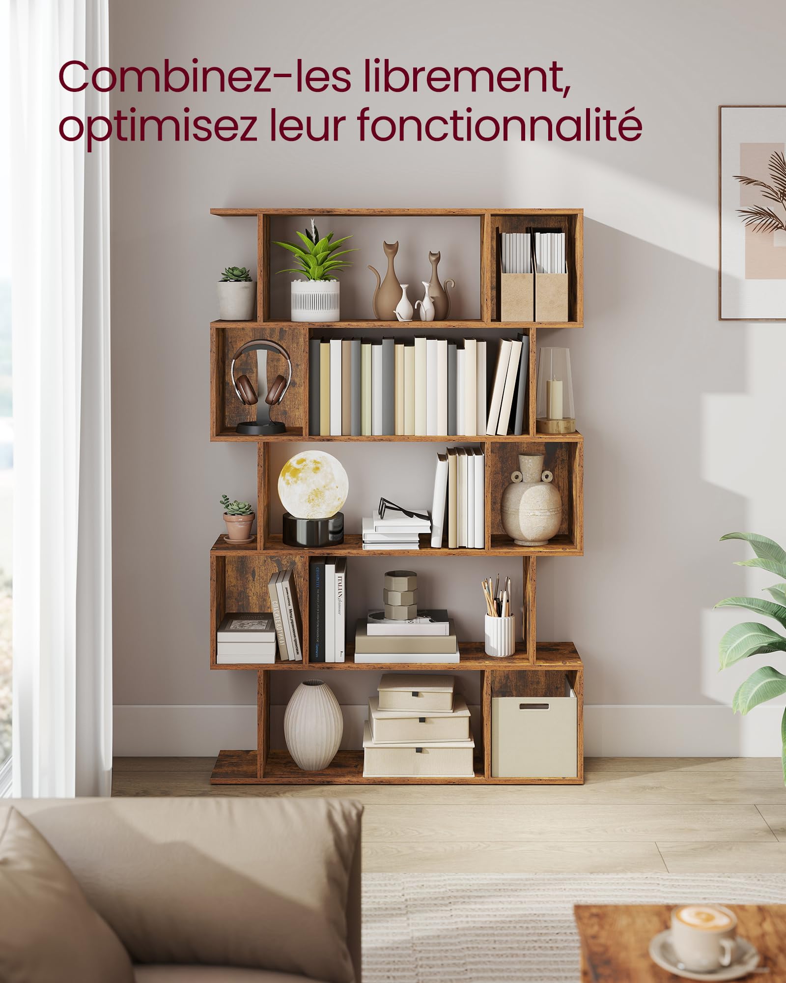 VASAGLE Custos Collection - Bibliothèque, Étagère sur 5 Niveaux, 24 x 90 x 159 cm, Meuble de Rangement, avec Compartiments Ouverts, pour Salon, Chambre, Bureau, Marron Rustique LBC416K01