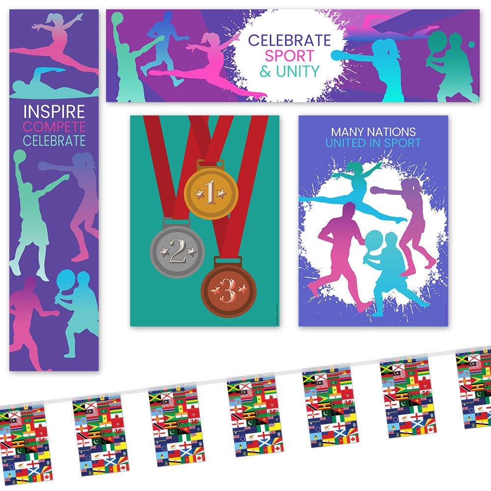 Commonwealth Summer Sports Paper Decorations – Glasgow 2026 Sports Party Banner, Bunting & Posters Pack for Schools, Sports Clubs, Pubs, Events & Watch Parties