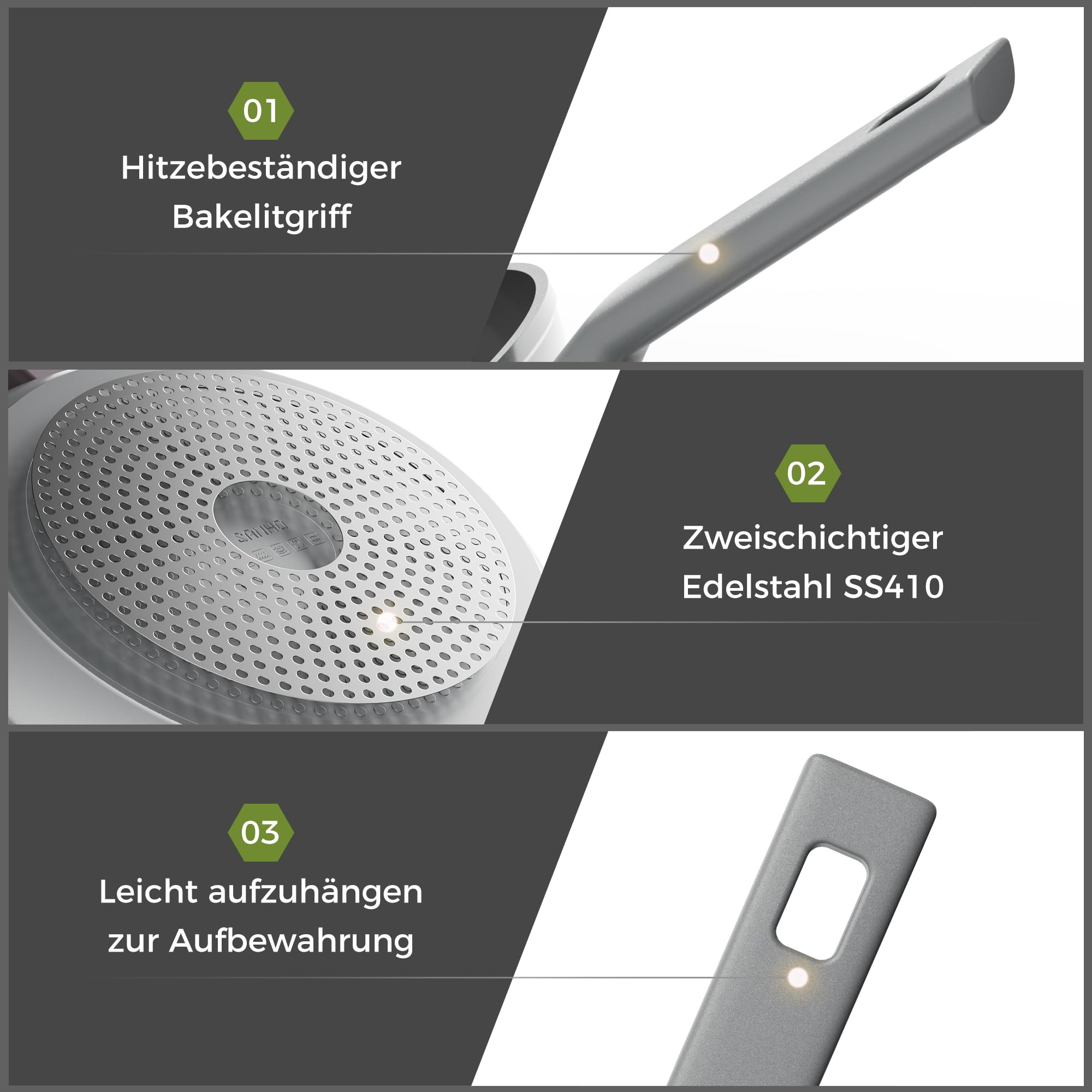 Sanho Bratpfanne 26cm, Keramikpfanne Antihaft Induktion, Omelette Pfanne | DiamondTitan Ceramic Pan , Poignée Anti-Brûlure, PFAS/PFOA/PTFE-frei, Spülmaschinenfest, für alle Herdarten,Grau