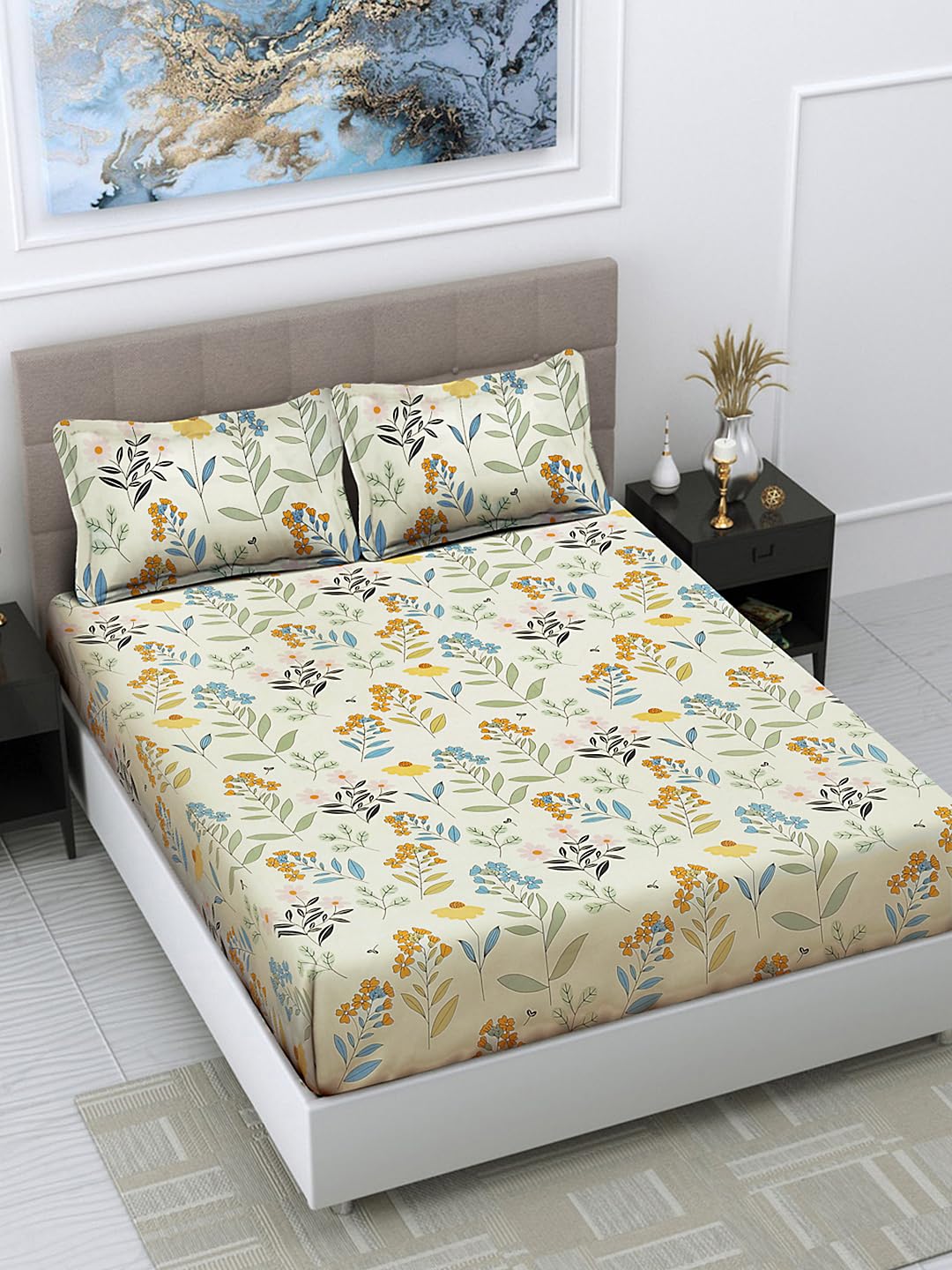 FABINALIV Multicolor Floral 300 TC Cotton Blend King Size Double Bedsheet with 2 Pillow Covers (FLBS-1176-Multi)-picture-24