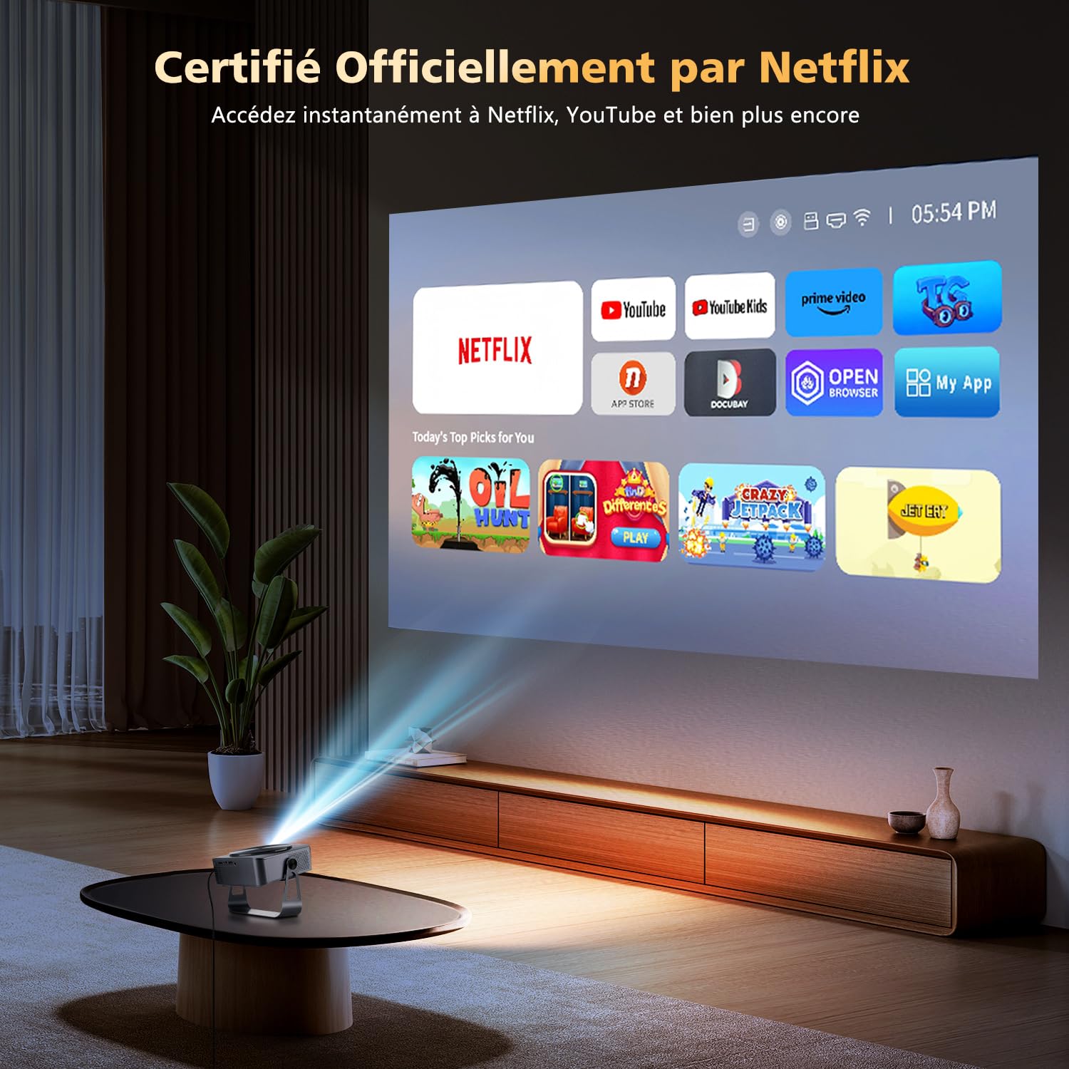 Netflix Certifié Videoprojecteur 4K VGKE, 28000 Lumens Rétroprojecteur 4K, Natif 1080P Full HD, Auto Focus & Auto Keystone, WiFi 6, Bluetoooth 5.4, Projecteur Video pour Smartphone/PC/Home