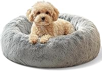 JOLLYVOGUE 20 Inch Calming Donut Dog Bed for Small Dogs Cats Kittens Puppies - Fluffy Faux Fur Washable Round Pet Bed Smoke Grey