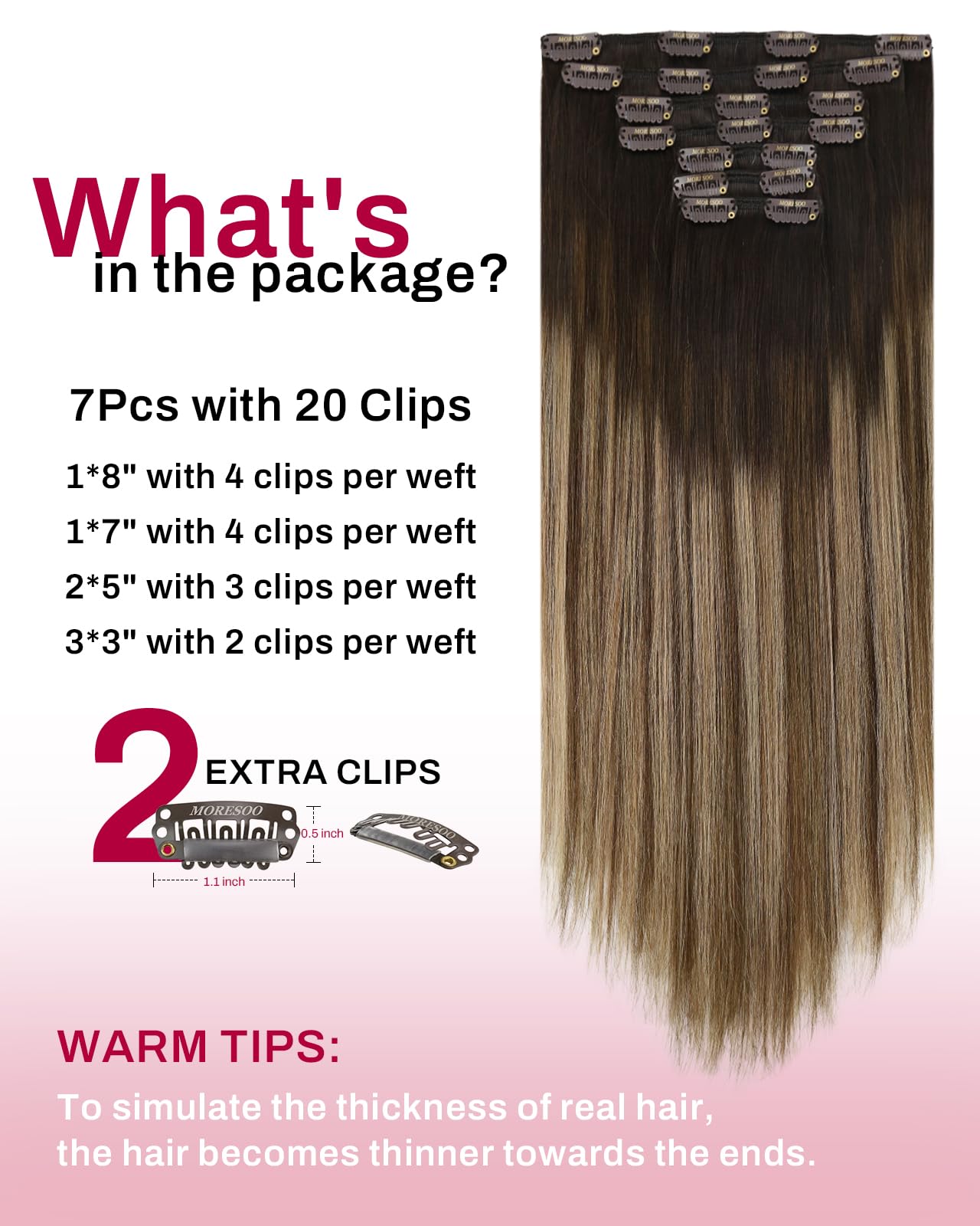 Moresoo Clip in Hair Extensions Real Human Hair Balayage Medium Brown and Blonde Real Hair Extensions Clip in Human Hair for Women Full Head 22 Inch 7pcs/120g #4/6/613 — view 45