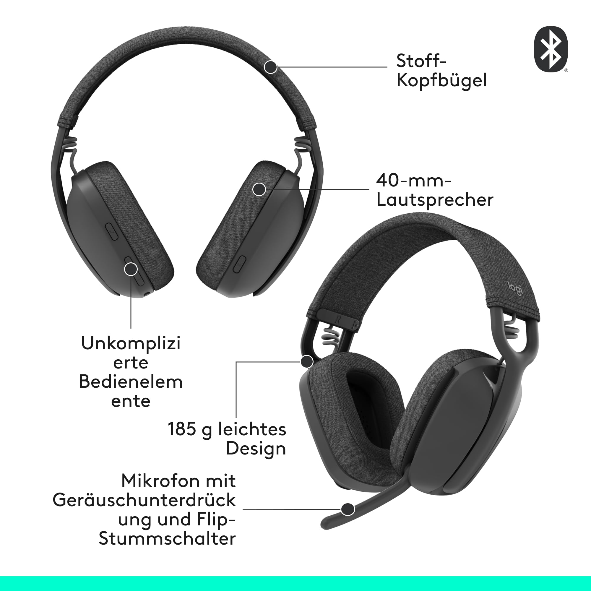Logitech Zone Vibe 100 Leichte, kabellose Over-Ear-Kopfhörer mit geräuschunterdrückendem Mikrofon, Multipoint Bluetooth-Headset, Funktioniert mit Teams, Google Meet, Zoom, Mac/PC - Graphit