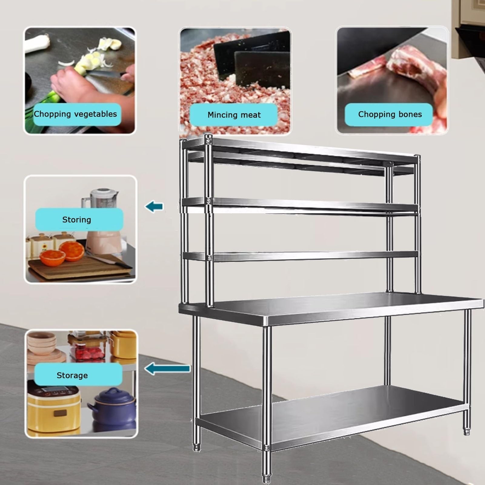 Cocina Comercial Encimera Acero Mesa Preparación Estante Inferior Trabajo Ajustable Estante Acero Inoxidable Alta Resistencia Doble Nivel Tienda Té Leche Encimera(B-Silver,180x80x80cm)